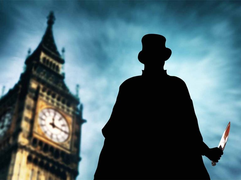 Silhouette of jack the ripper standing in front of Big Ben.